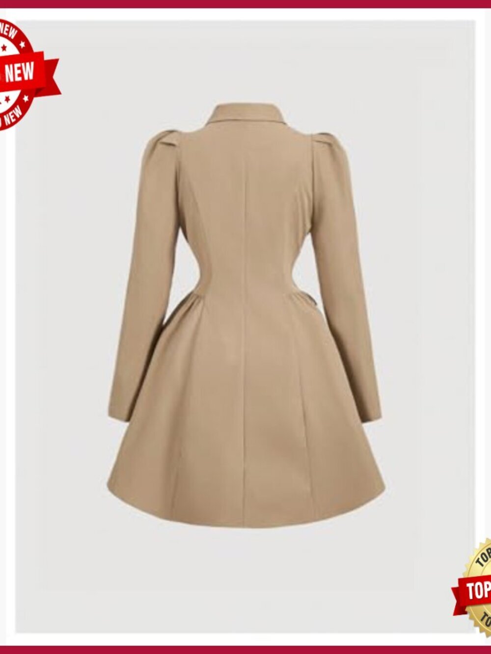 Double Breasted Trench Coat with Lapel Puff Sleeves Regular Fit - Picture 2 of 5